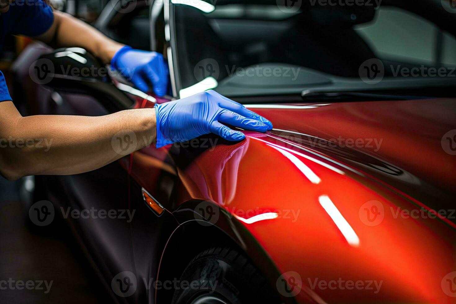 Close up of a auto body mechanic buffing a scratch on sports car. Generative AI photo