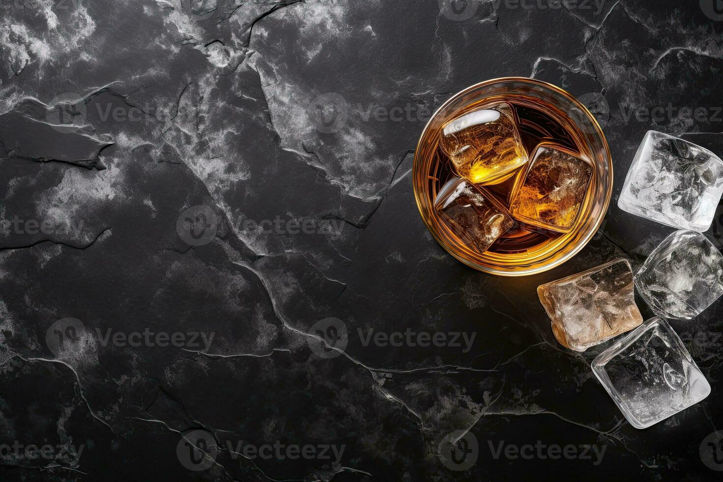 Whiskey with ice cubes on black marble background, top view.  Generative AI photo