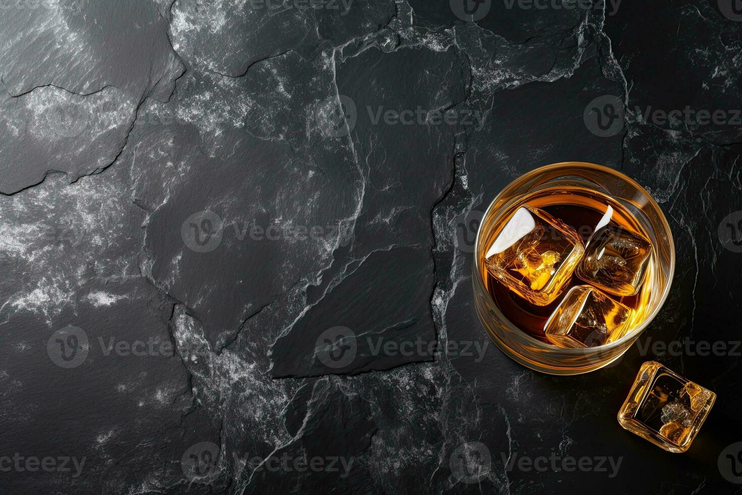 Whiskey with ice cubes on black marble background, top view.  Generative AI photo