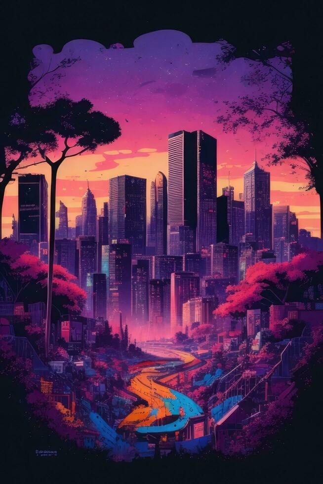 Modern cityscape with skyscrapers at sunset, digital painting illustration in synthwave style. AI generated. photo