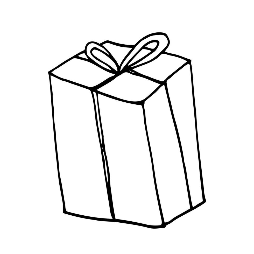 Vector hand drawn doodle line gift box. Isolated element. Birthday present.