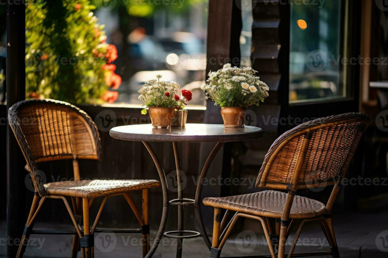 mimbre sillas y un metal mesa en un al aire libre verano café foto