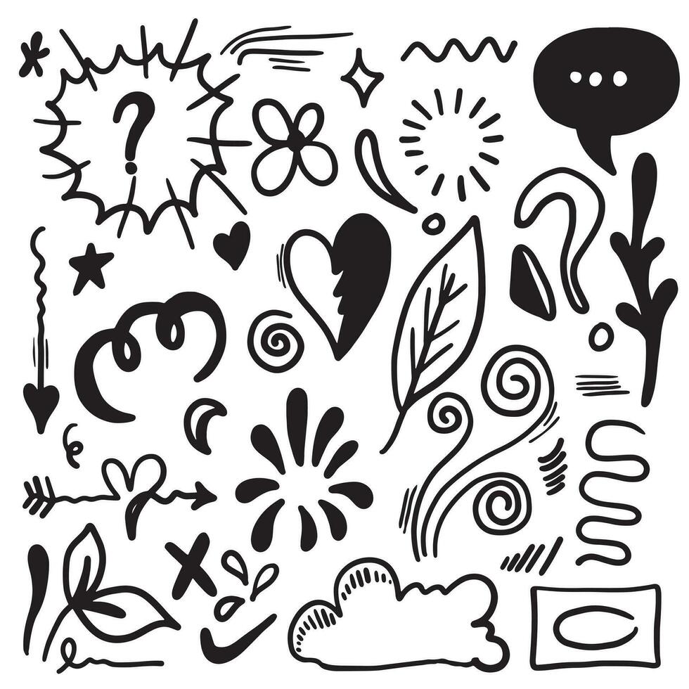 Hand drawn set elements, black on white background. Arrow, heart, love, star, leaf, light, flower, cloud ,Swishes, swoops, emphasis ,swirl, for concept design. vector