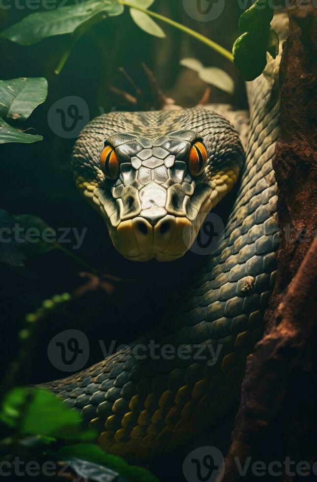 Snake curled up on a branch among the leaves photo