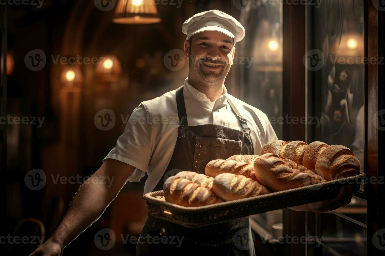 Baker holding a tray full of breads inside a bakery photo