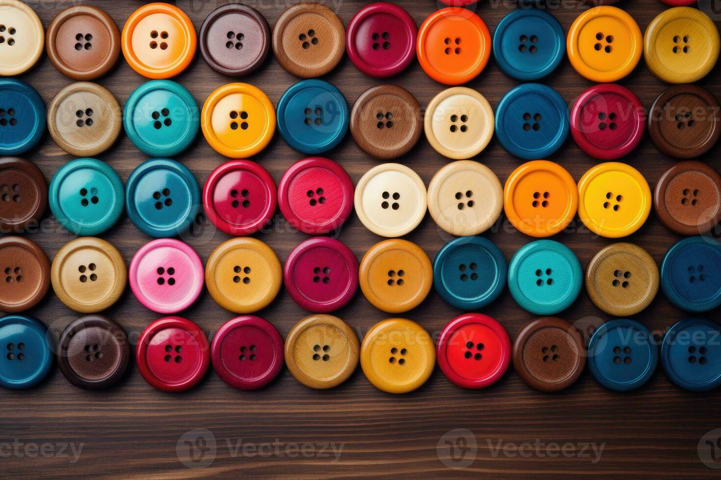 Collection of different multi colored buttons on wood photo