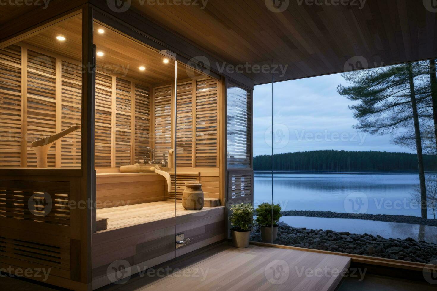 frente ver de vacío finlandés sauna habitación. moderno interior de de madera spa cabina con seco vapor. foto