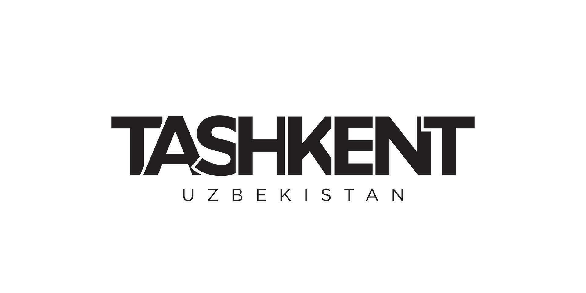 Tashkent in the Uzbekistan emblem. The design features a geometric style, vector illustration with bold typography in a modern font. The graphic slogan lettering.