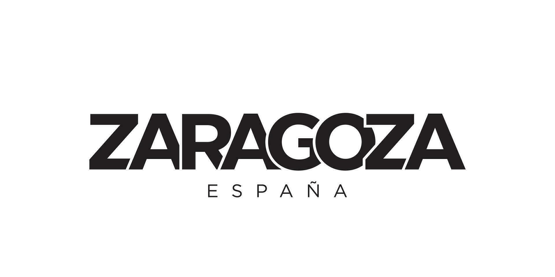 Zaragoza in the Spain emblem. The design features a geometric style, vector illustration with bold typography in a modern font. The graphic slogan lettering.