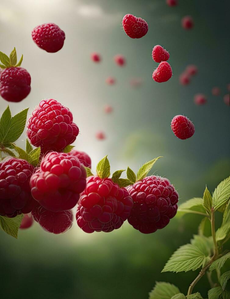 Falling raspberries with green leaves on blurred nature background. AI generated. photo