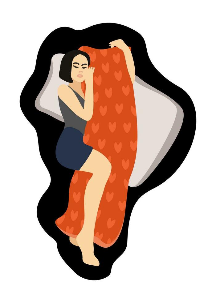 Dakimatura. Sleeping woman hugging pillow. Comfortable sleep concept. Vector illustration.
