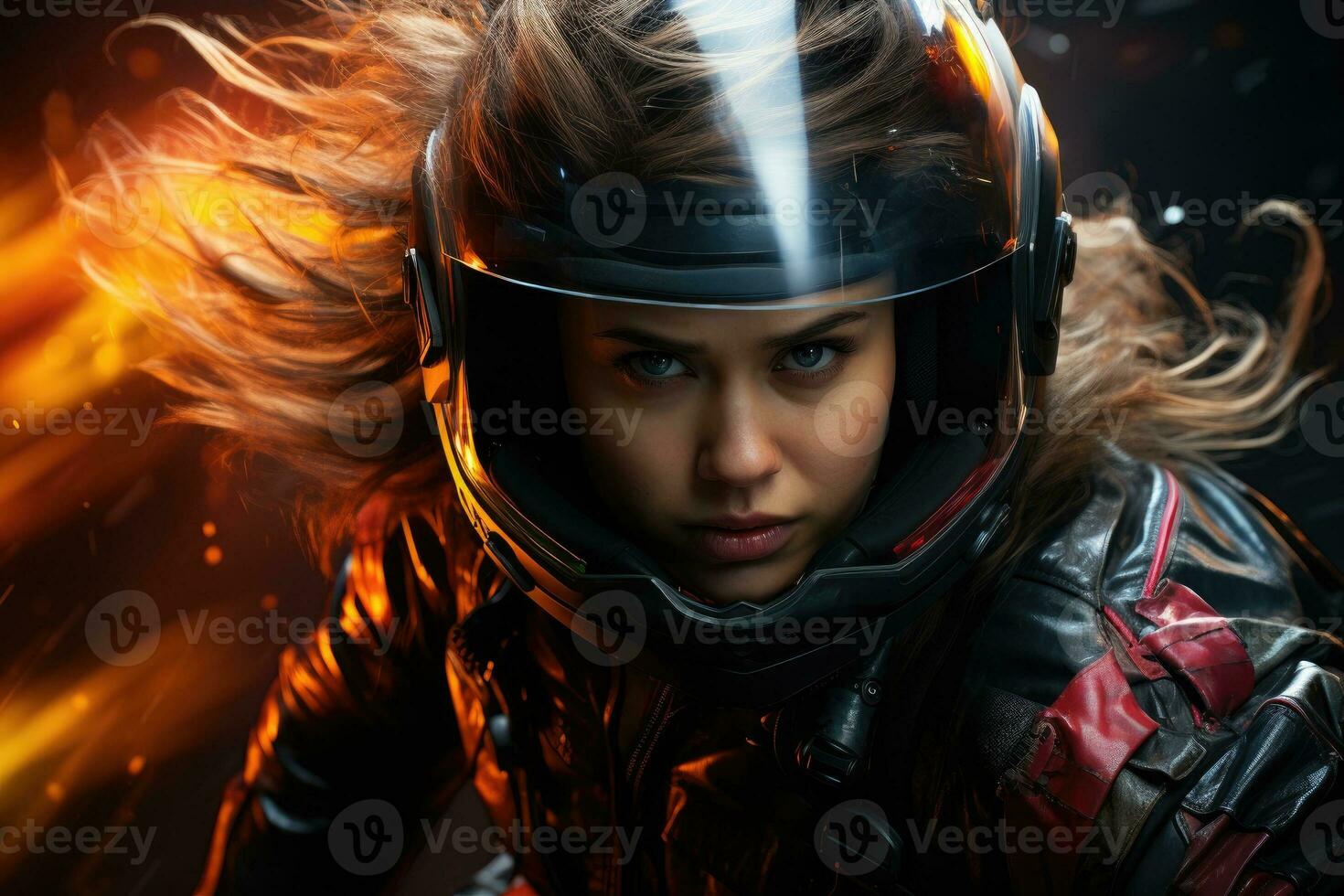 Woman riding on motorcycle at night with motion blur effect in the background. Generative AI photo