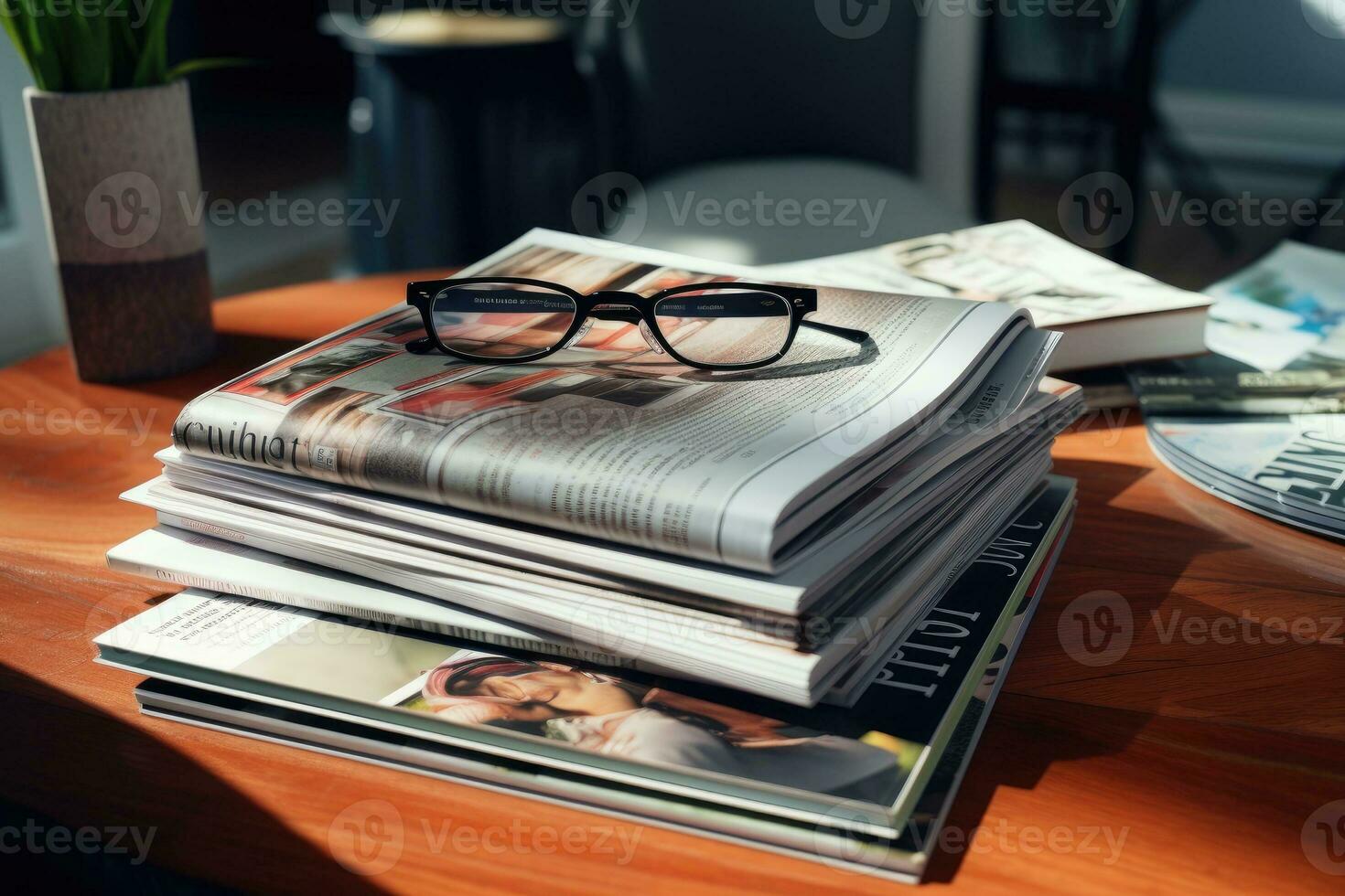 Magazines on table with eyeglasses. photo