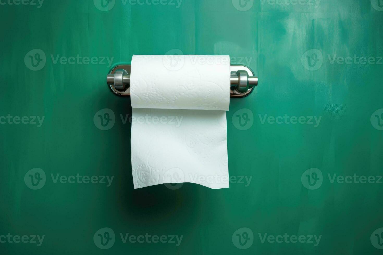 A white roll of soft toilet paper neatly hanging on a modern chrome holder. photo