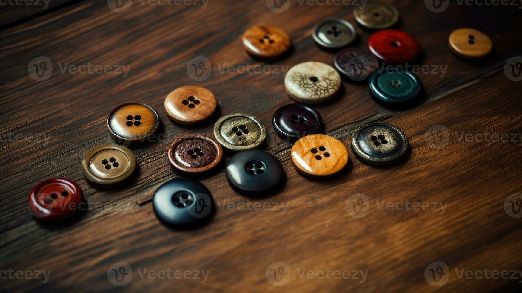 Collection of different multi colored buttons on wood photo