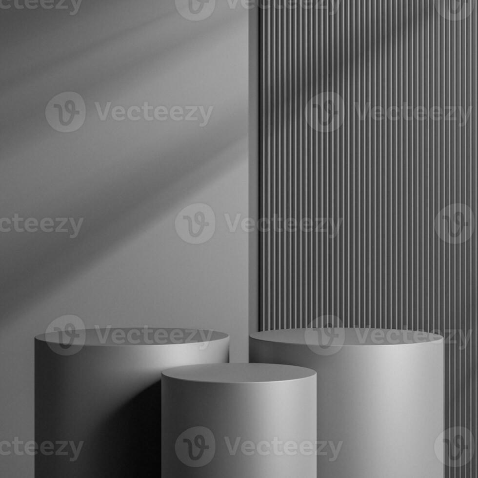 Elegant black cylinder stand for product placement mockup. Darkmetal podium exhibition scene background. Minimal platform showroom with shadow. photo