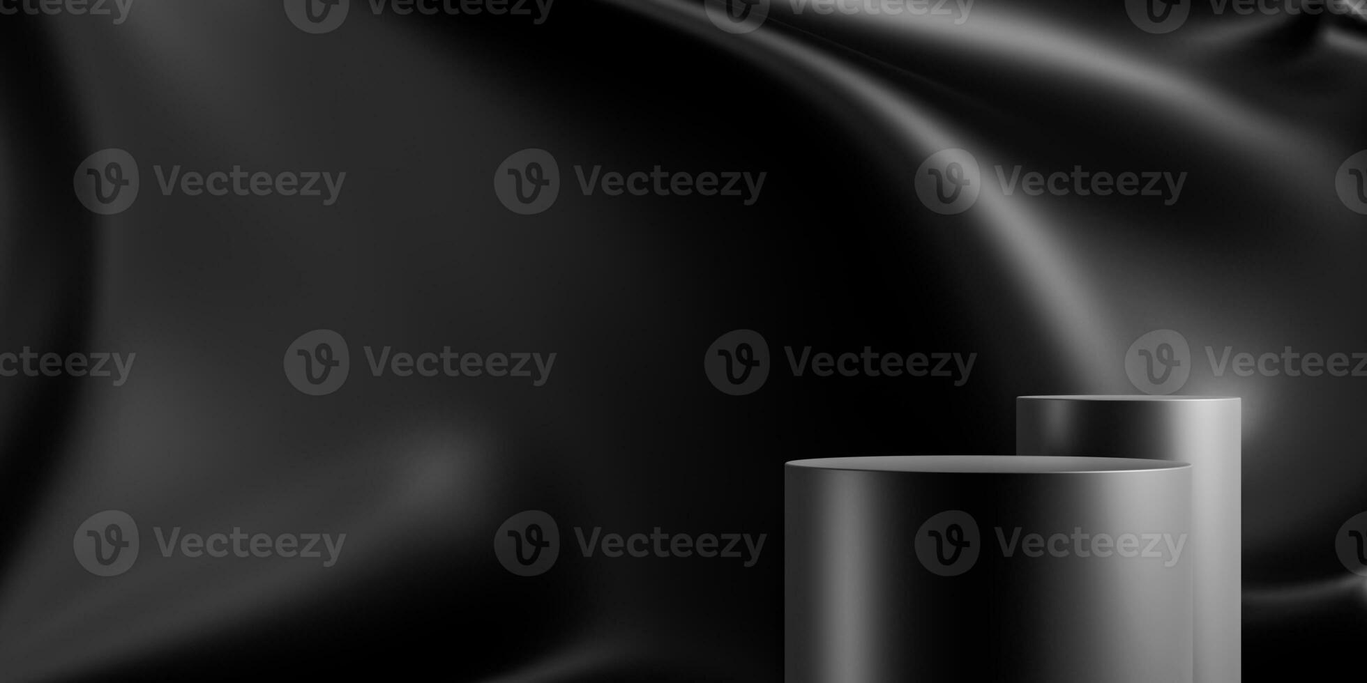 Elegant black round stand for product placement mockup. Dark podium exhibition scene background. Minimal cylinder platform showroom with spot light. photo