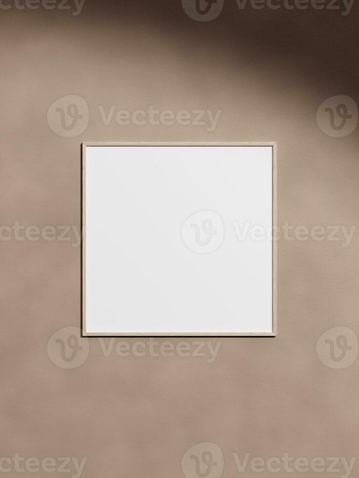 Wooden square frame mockup on cement wall. Poster mockup. Clean, modern, minimal frame. Empty frame Indoor interior, show text or product photo