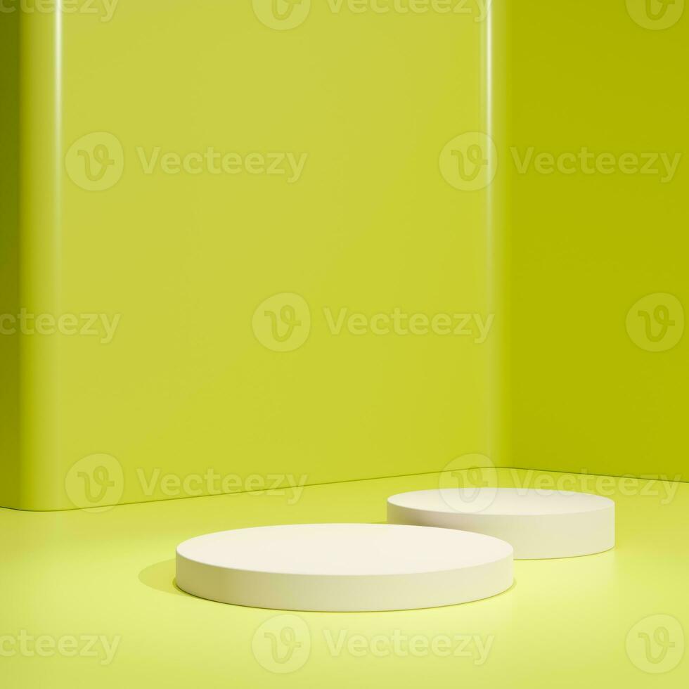 Yellow podium cylinder stand abstract stage platform or product studio geometric shape on minimal background and blank pedestal display scene space with empty presentation summer sale step backdrop. photo