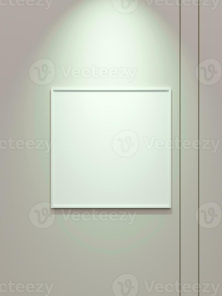 Minimal white square picture poster frame mockup on white wallpaper with spotlight photo