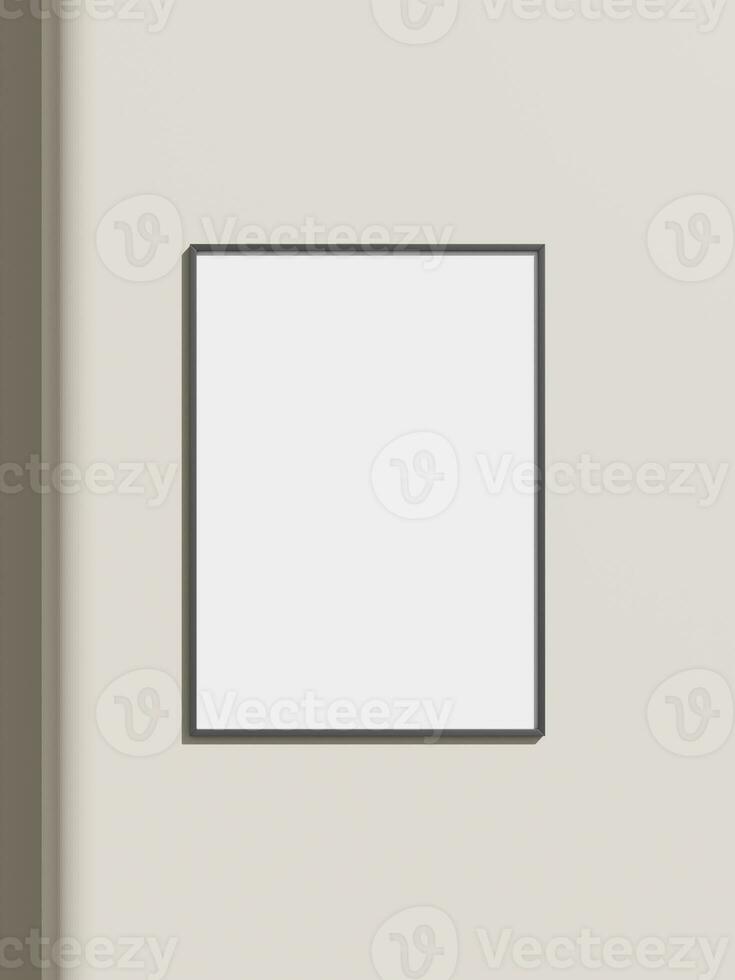 Thin rectangular frame hanging on a white textured wall mockup. photo