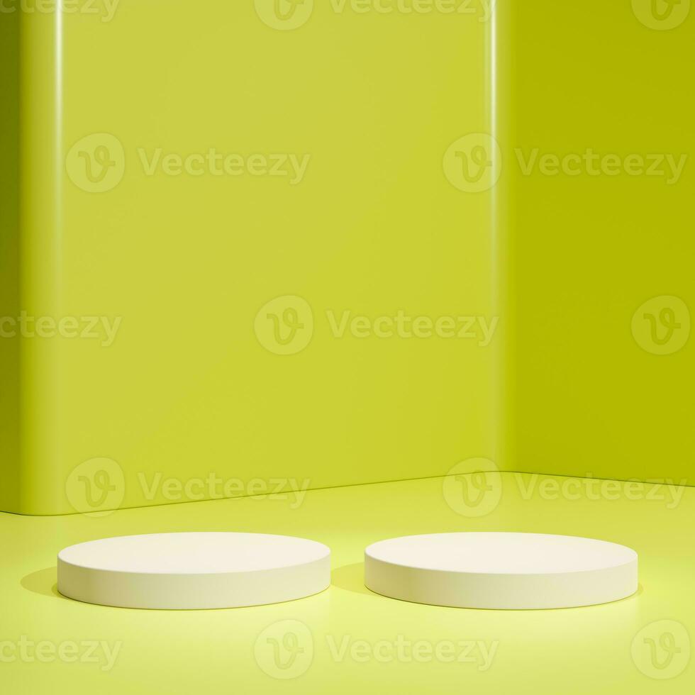 Yellow podium cylinder stand abstract stage platform or product studio geometric shape on minimal background and blank pedestal display scene space with empty presentation summer sale step backdrop. photo