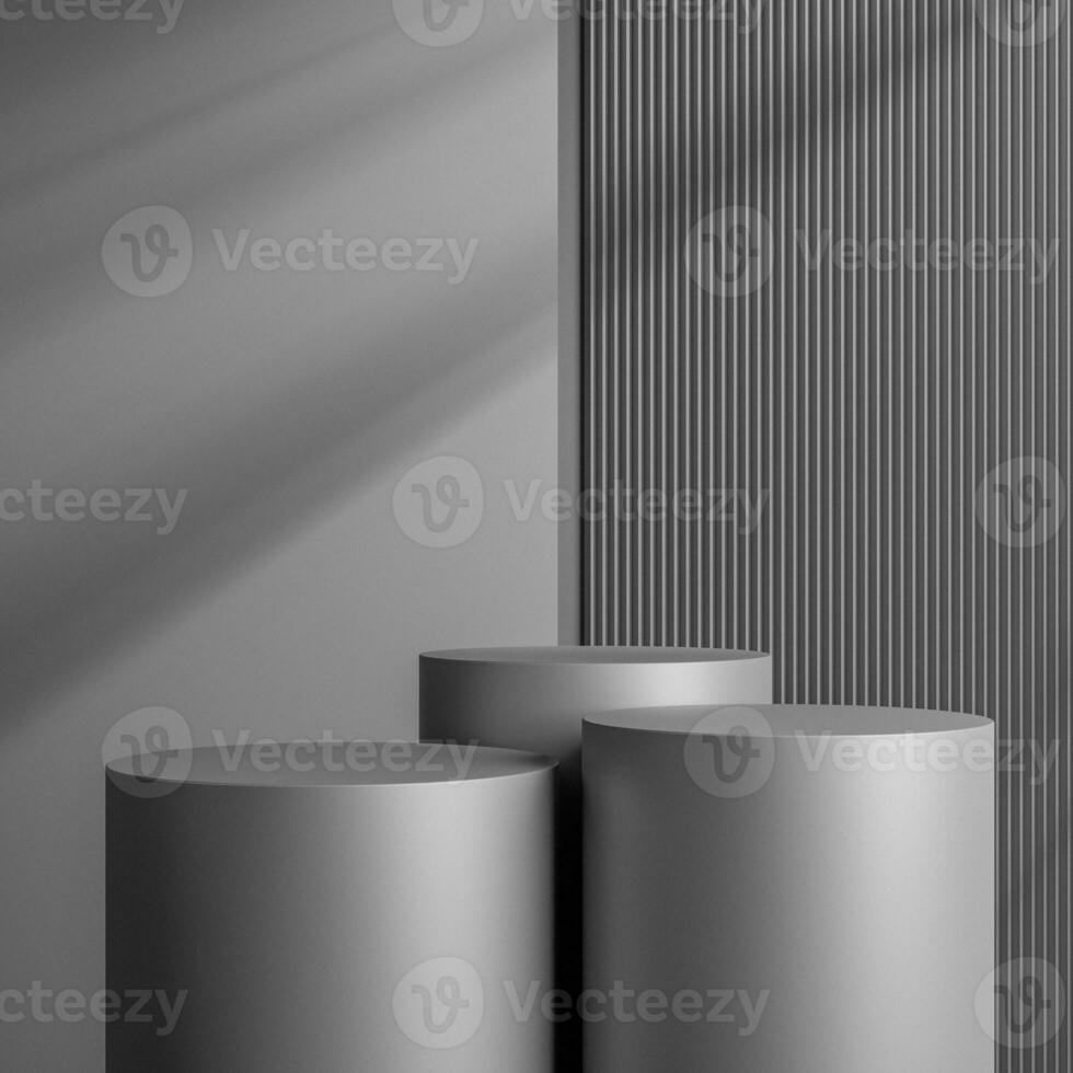 Elegant black cylinder stand for product placement mockup. Darkmetal podium exhibition scene background. Minimal platform showroom with shadow. photo