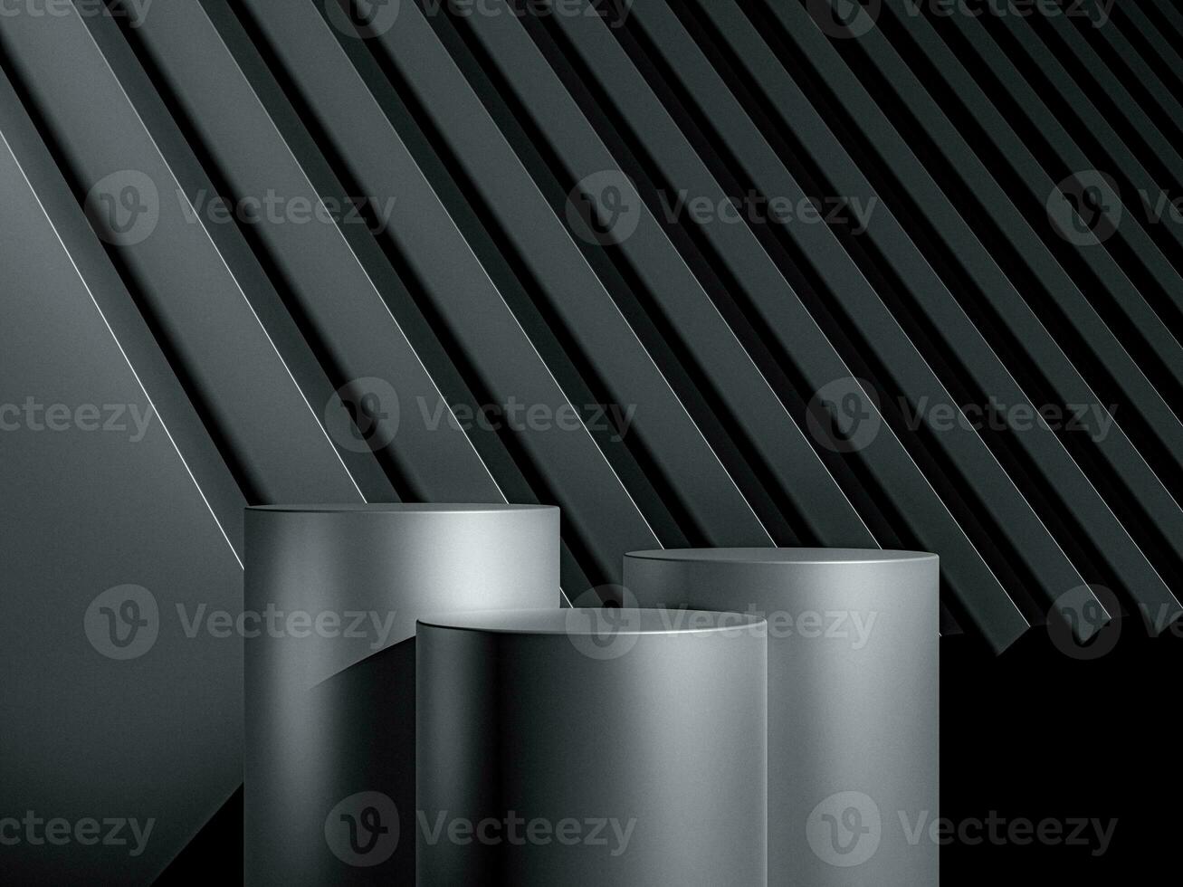 Elegant black cylinder stand for product placement mockup. Dark podium exhibition scene background. Minimal platform showroom with metal backgroound photo