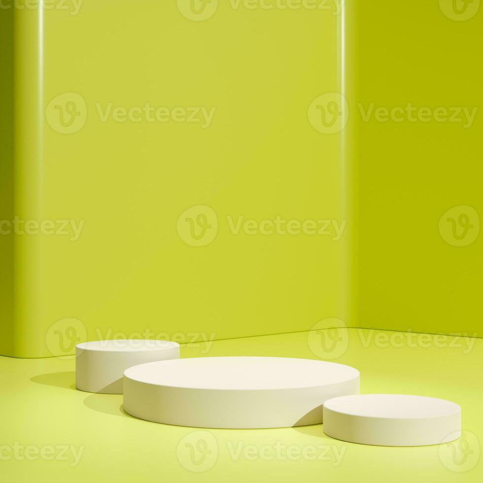 Yellow podium cylinder stand abstract stage platform or product studio geometric shape on minimal background and blank pedestal display scene space with empty presentation summer sale step backdrop. photo