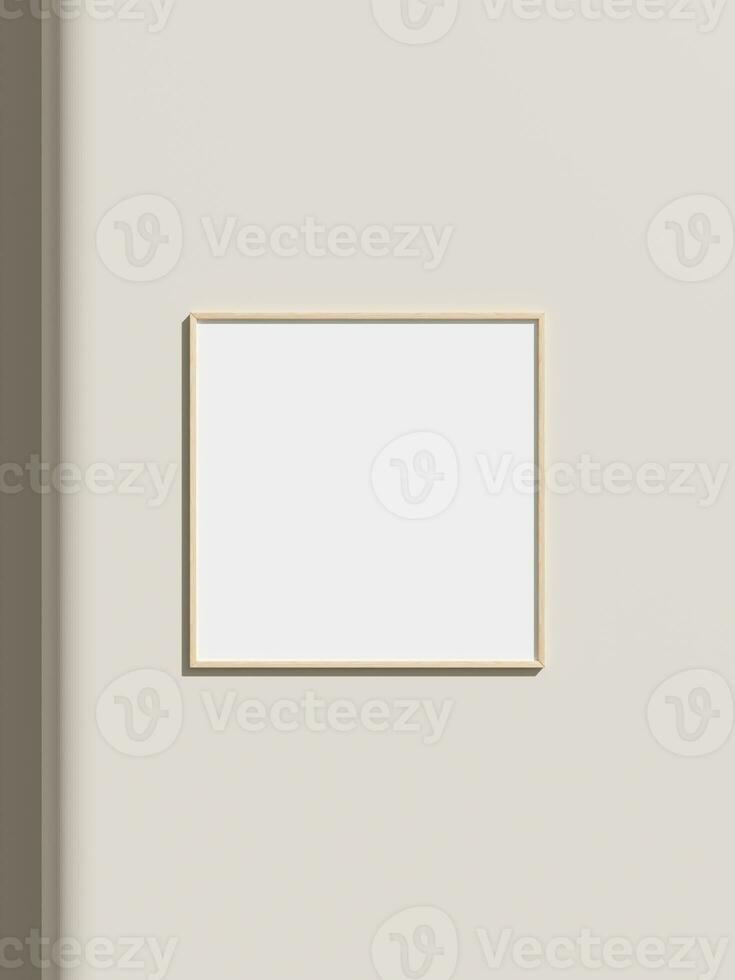 Thin rectangular frame hanging on a white textured wall mockup. photo