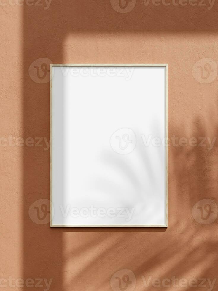 Wooden vertical frame mockup for photo, print, painting, artwork presentation, summer style decorations, leaf shadow. photo
