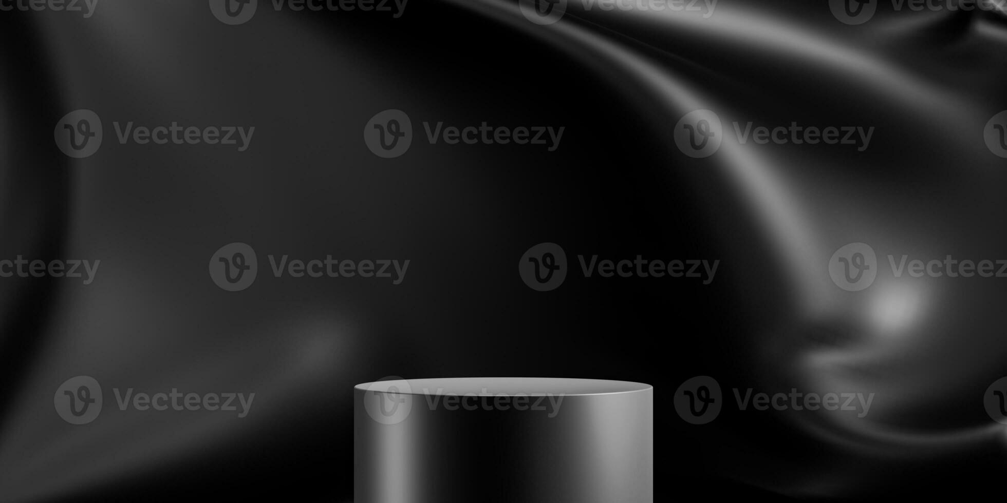 Elegant black round stand for product placement mockup. Dark podium exhibition scene background. Minimal cylinder platform showroom with spot light. photo