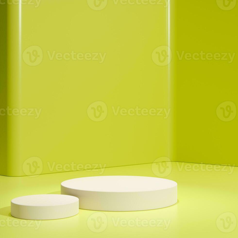 Yellow podium cylinder stand abstract stage platform or product studio geometric shape on minimal background and blank pedestal display scene space with empty presentation summer sale step backdrop. photo