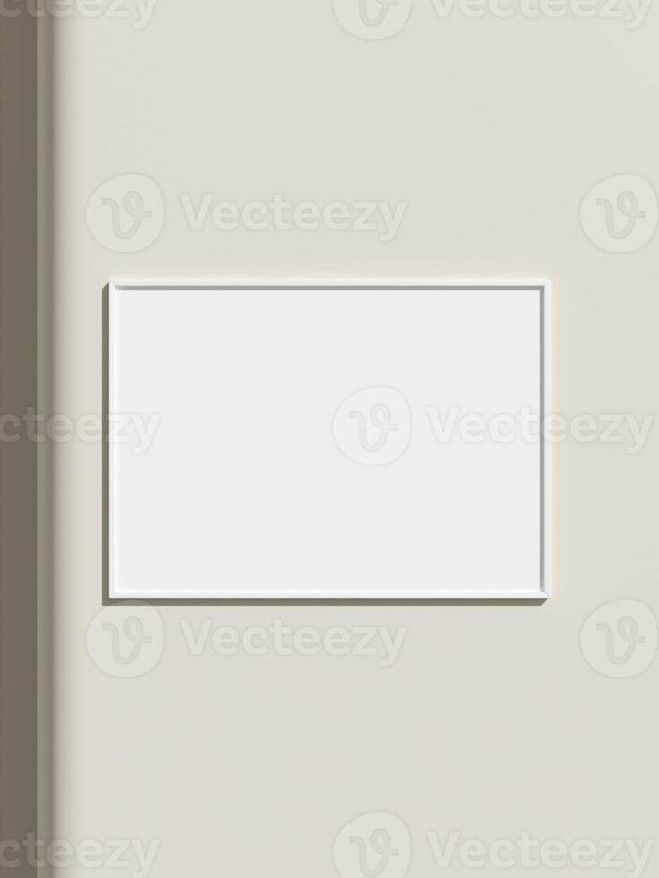 Thin rectangular frame hanging on a white textured wall mockup. photo