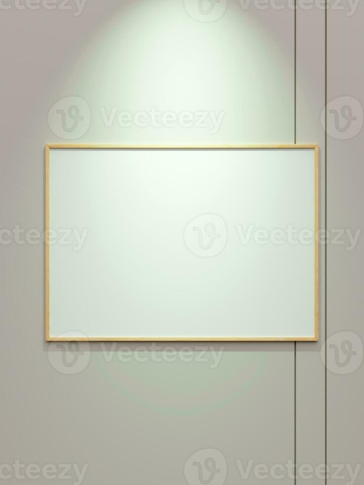 Minimal wooden horizontal picture poster frame mockup on white wallpaper with spotlight photo