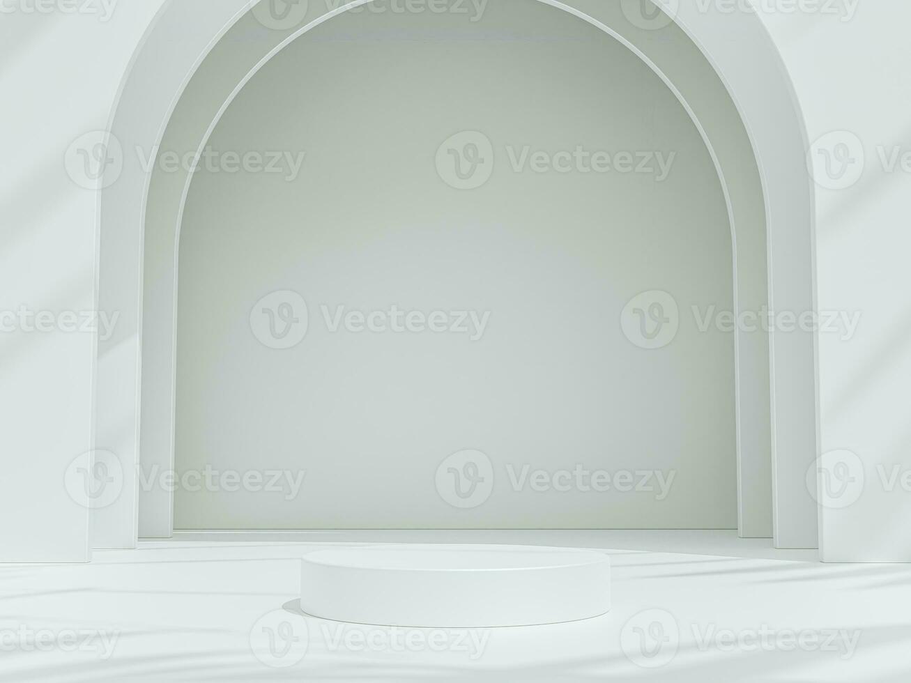 Empty podium or pedestal display on white arch background with cylinder stand concept. Blank product shelf standing backdrop. 3D rendering. photo