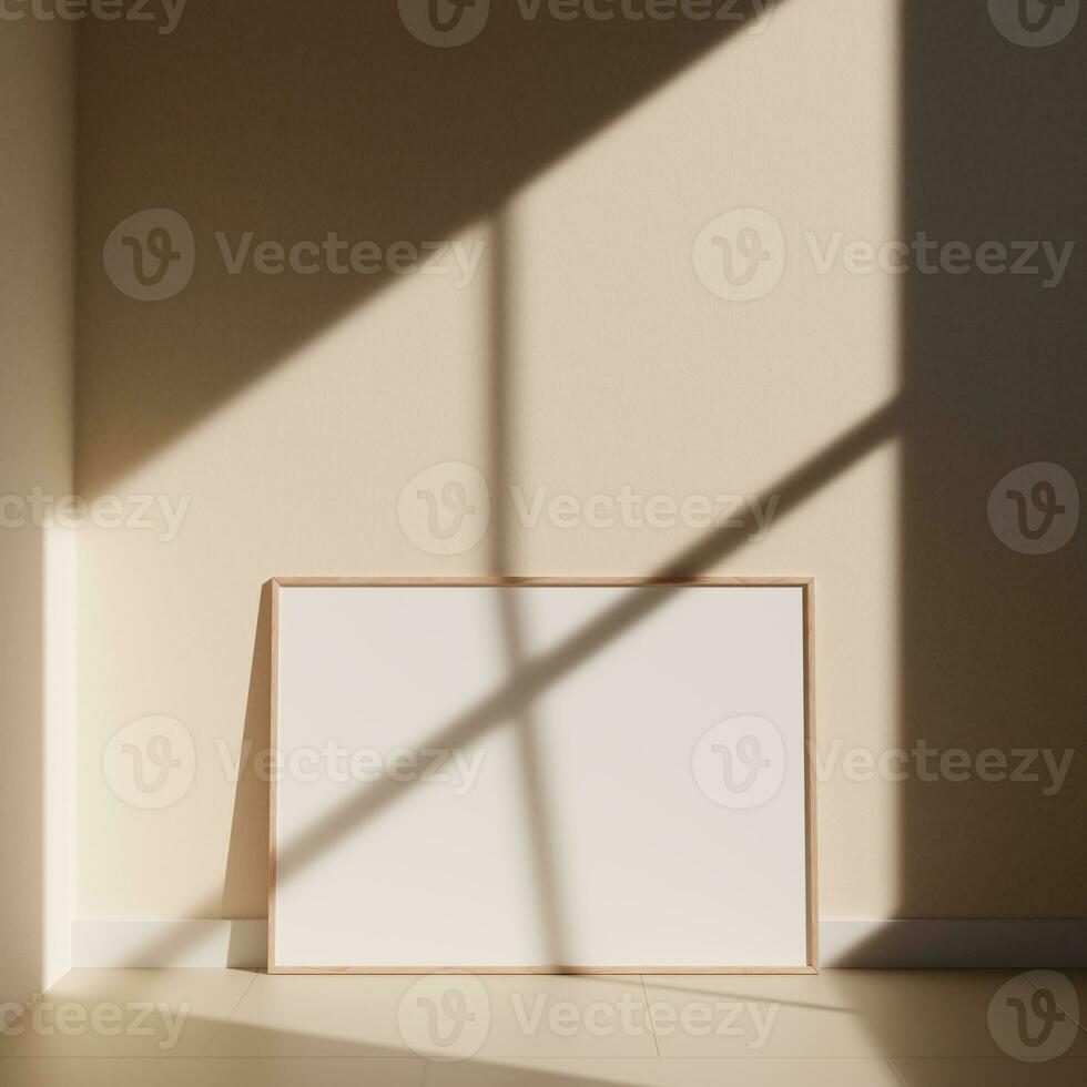 Horizontal wooden picture frame on a wall black frame. Blank Mockup photo
