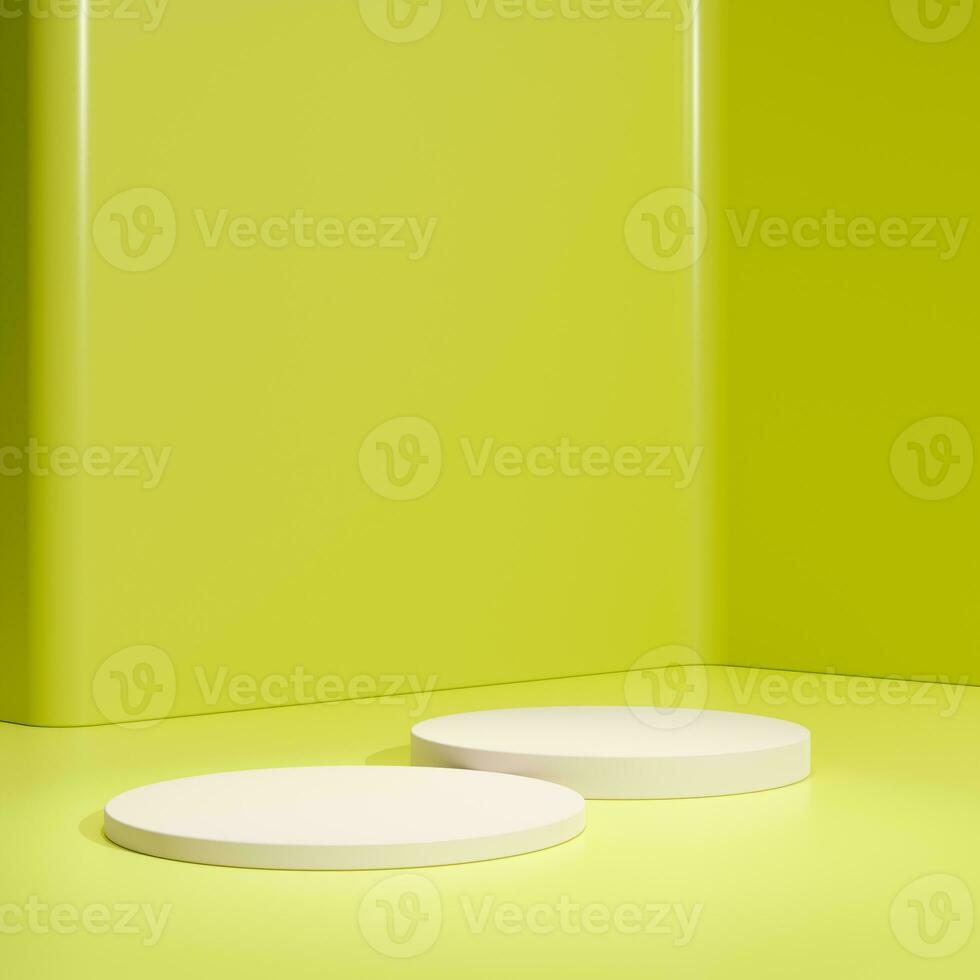 Yellow podium cylinder stand abstract stage platform or product studio geometric shape on minimal background and blank pedestal display scene space with empty presentation summer sale step backdrop. photo