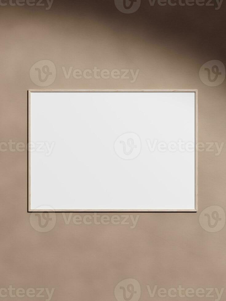 Wooden horizontal frame mockup on cement wall. Poster mockup. Clean, modern, minimal frame. Empty frame Indoor interior, show text or product photo