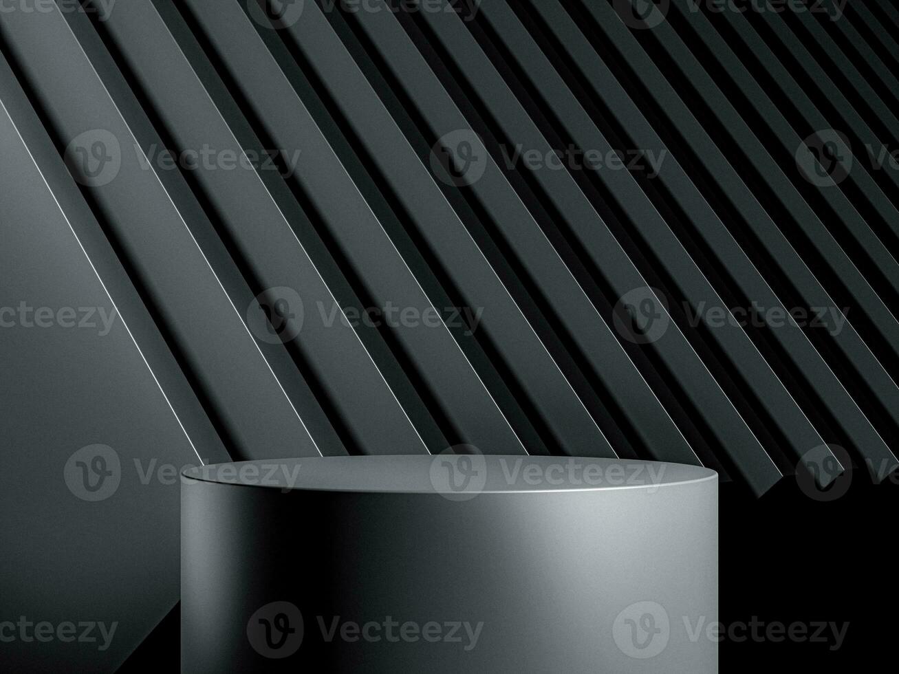 Elegant black cylinder stand for product placement mockup. Dark podium exhibition scene background. Minimal platform showroom with metal backgroound photo