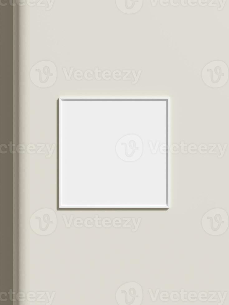 Thin rectangular frame hanging on a white textured wall mockup. photo