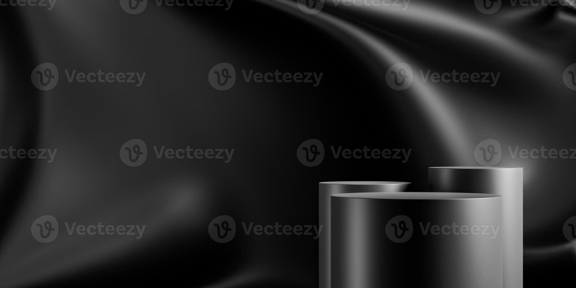 Elegant black round stand for product placement mockup. Dark podium exhibition scene background. Minimal cylinder platform showroom with spot light. photo