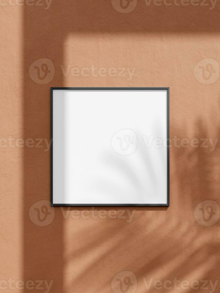 Black square frame mockup for photo, print, painting, artwork presentation, summer style decorations, leaf shadow. photo