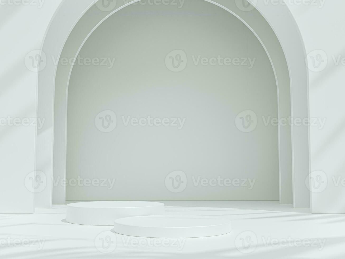Empty podium or pedestal display on white arch background with cylinder stand concept. Blank product shelf standing backdrop. 3D rendering. photo