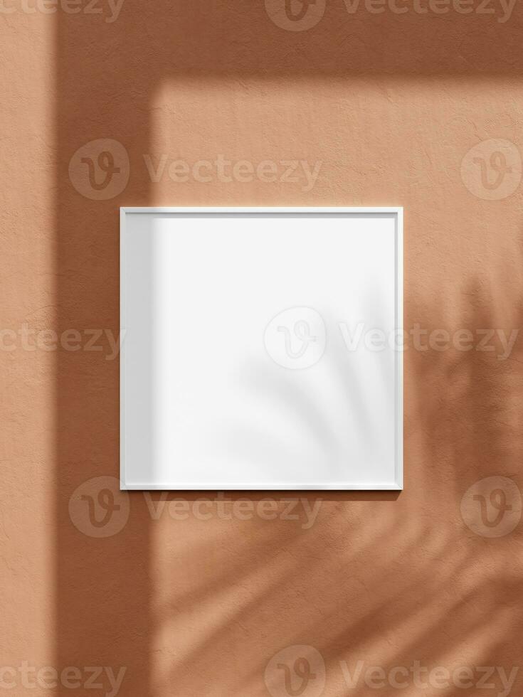 White square frame mockup for photo, print, painting, artwork presentation, summer style decorations, leaf shadow. photo