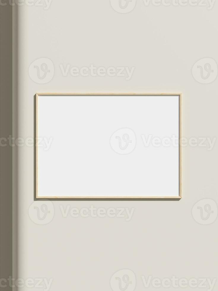 Thin rectangular frame hanging on a white textured wall mockup. photo
