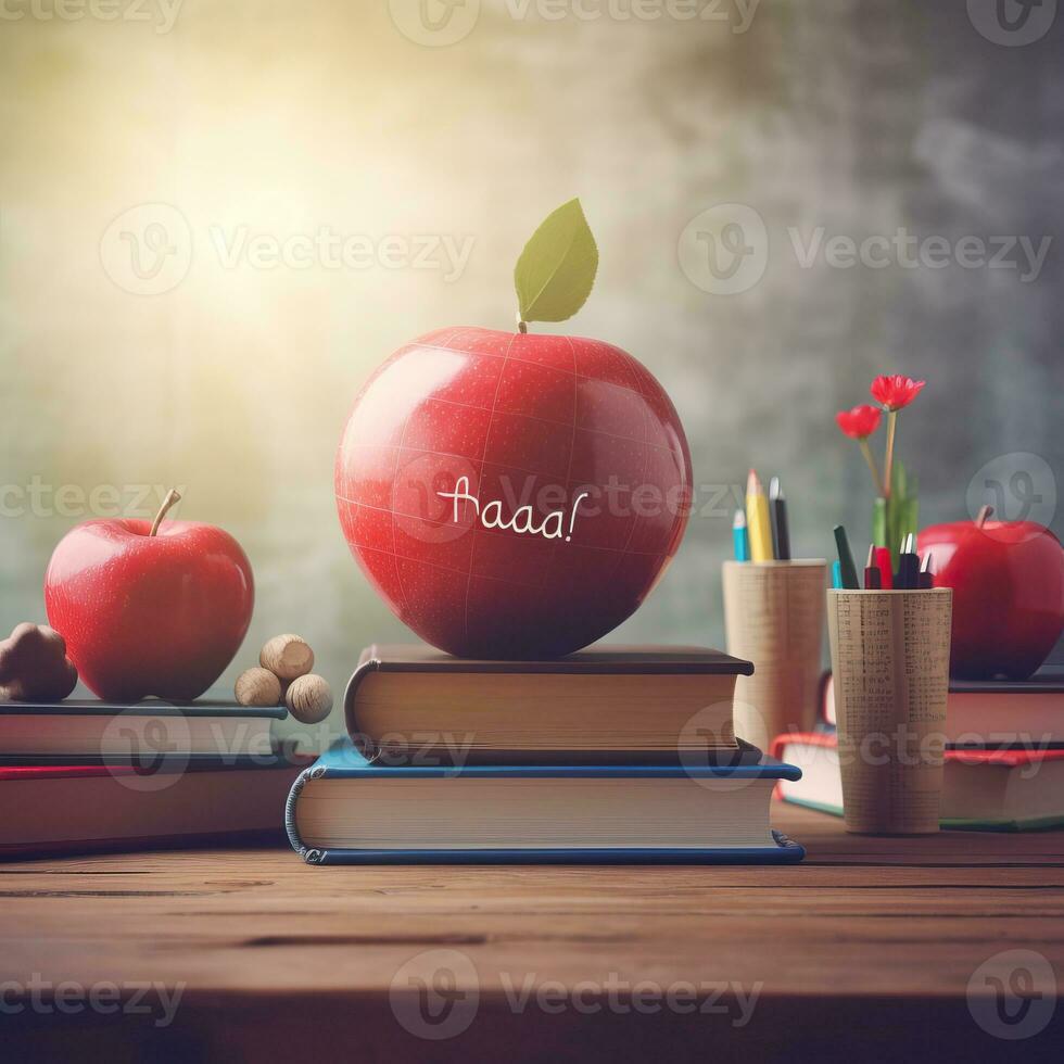 contento profesores día, profesores día manzana libros alto calidad ai generado imagen foto