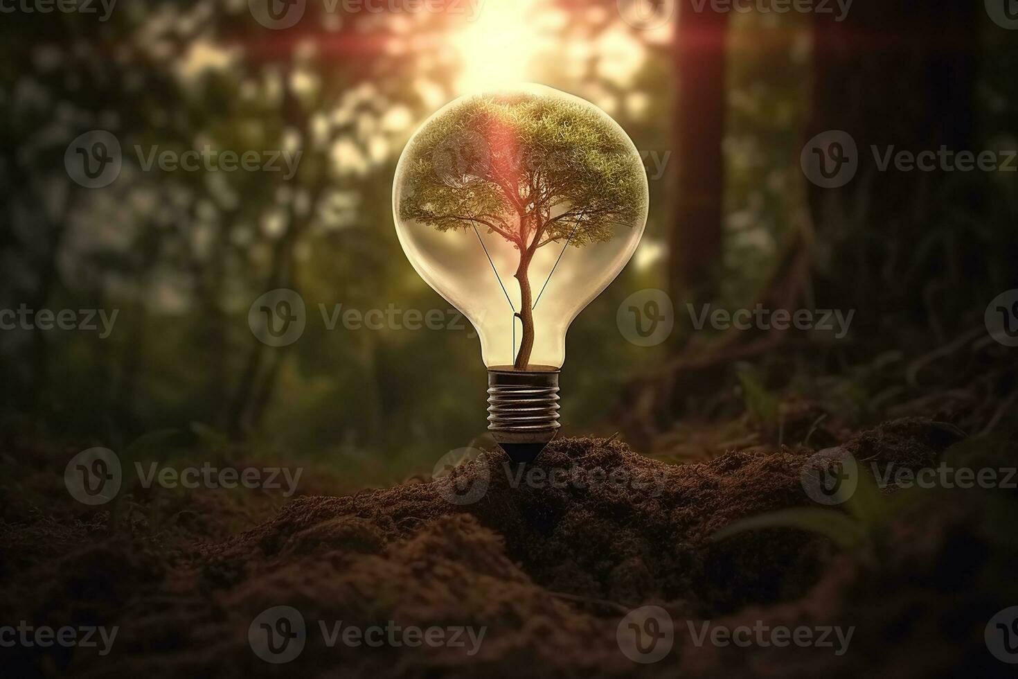 Electric light bulb with a tree inside. The idea of renewable energy sources and energy conservation. The concept of environmental conservation and global warming. Earth Day. AI generated photo