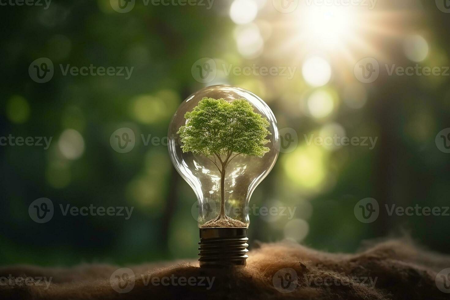 Electric light bulb with a tree inside. The idea of renewable energy sources and energy conservation. The concept of environmental conservation and global warming. Earth Day.  AI generated photo