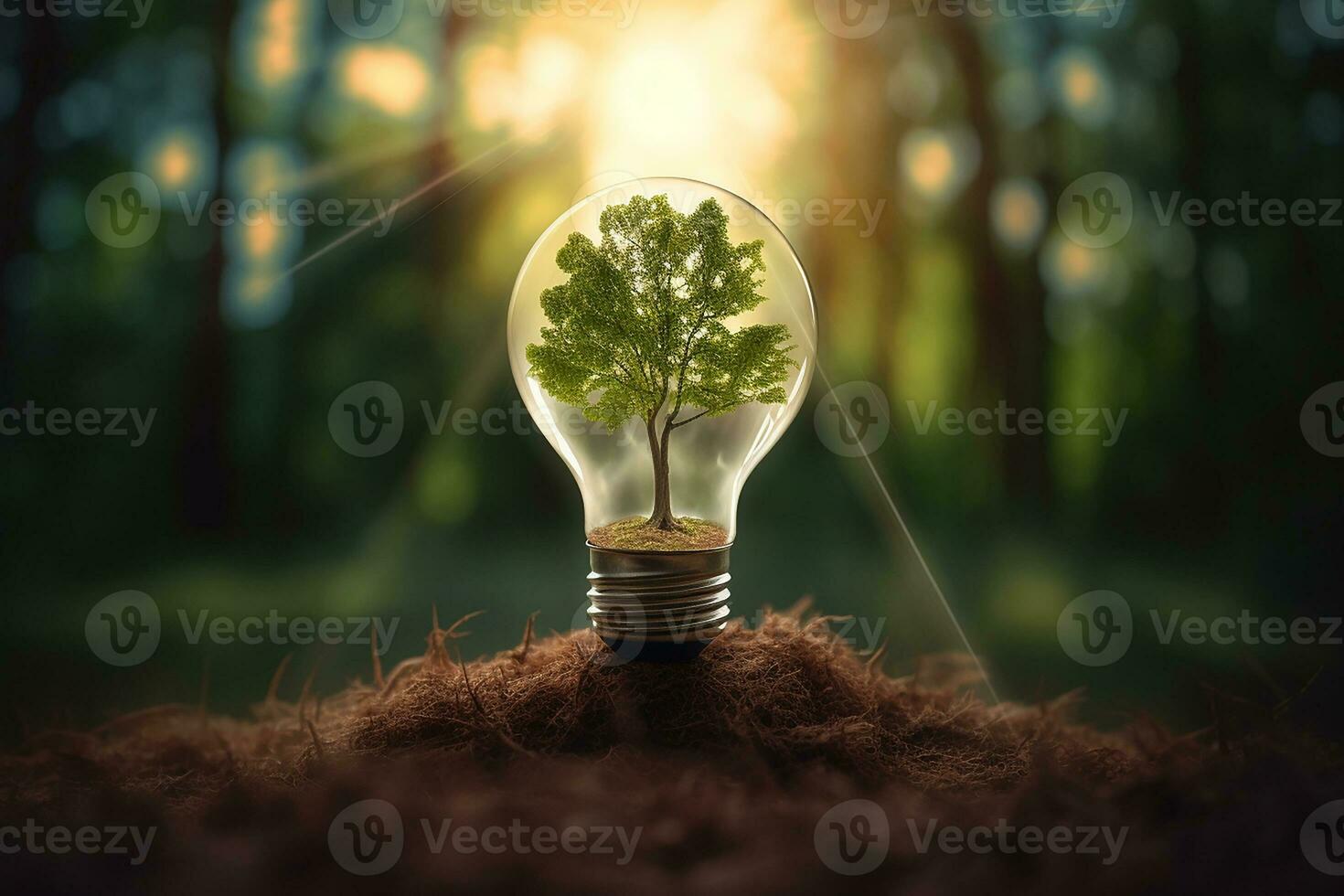 Electric light bulb with a tree inside. The idea of renewable energy sources and energy conservation. The concept of environmental conservation and global warming. Earth Day.  AI generated photo